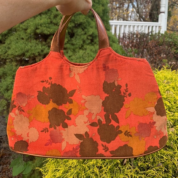 Victoria Secret Floral Handbag Purse- Terra Cotta Orange- Copper Color Handles - Picture 1 of 14